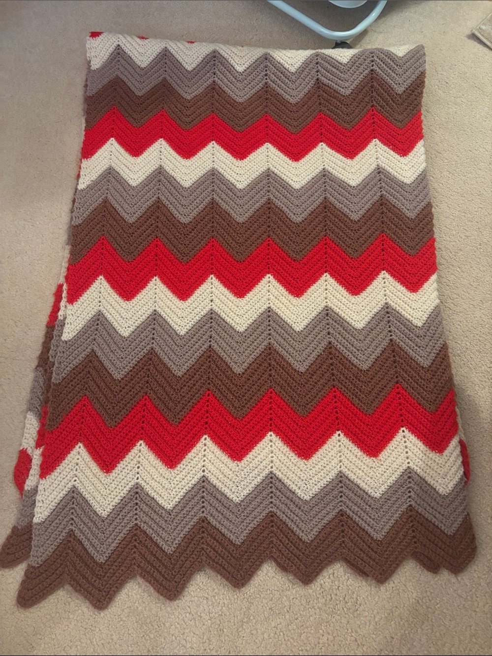 Crochet Chevron blanket in Red, Brown, Cream, handmade